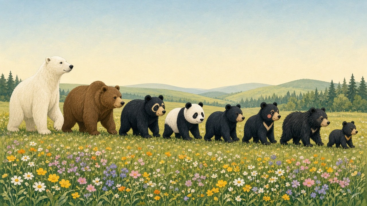 Los ocho CuriOsos desfilando de mayor a menor: el oso polar, el pardo, el de anteojos, el panda, el negro americano, el negro asiático, el bezudo y el malayo